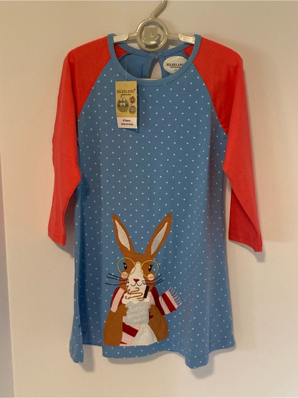 NEW Hileelang Girls Polka Dot Bunny Long Sleeve Cotton Dress - Size 4